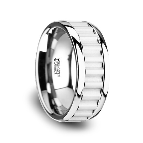 LARS Flat Pipe Cut White Tungsten Carbide Ring with Center Diagonal Co – Larson Jewelers