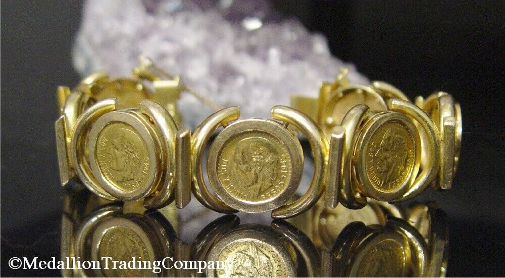 14k Gold Bola Mexican Dos Pesos Coin Bracelet 7