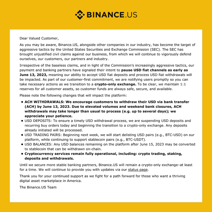 Binance US announces USD deposits suspension, pauses fiat withdrawal channels | Mint