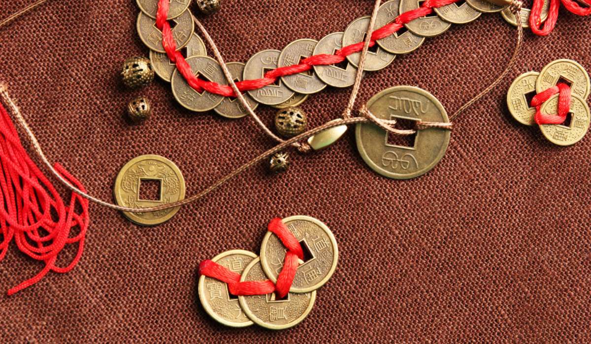 Divya Mantra Feng Shui Three Lucky Chinese Coins with Red Ribbon