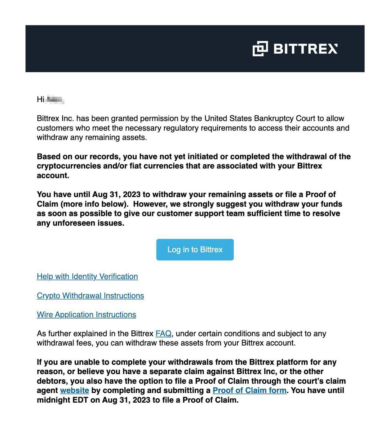 Bittrex reminds US customers to withdraw crypto or risk 'unforeseen issues'