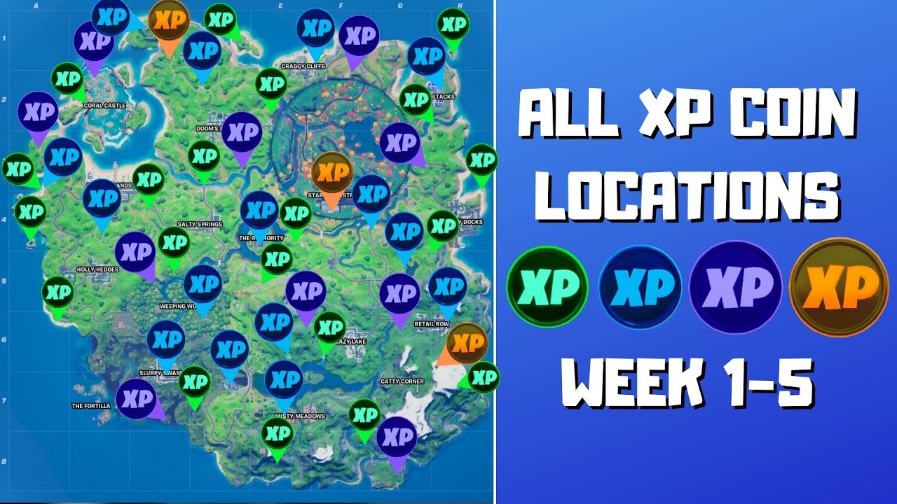 All XP Coin locations Fortnite Chapter 2 Season 5 Week 13 - Green, Blue, Purple, and Gold - Gamepur