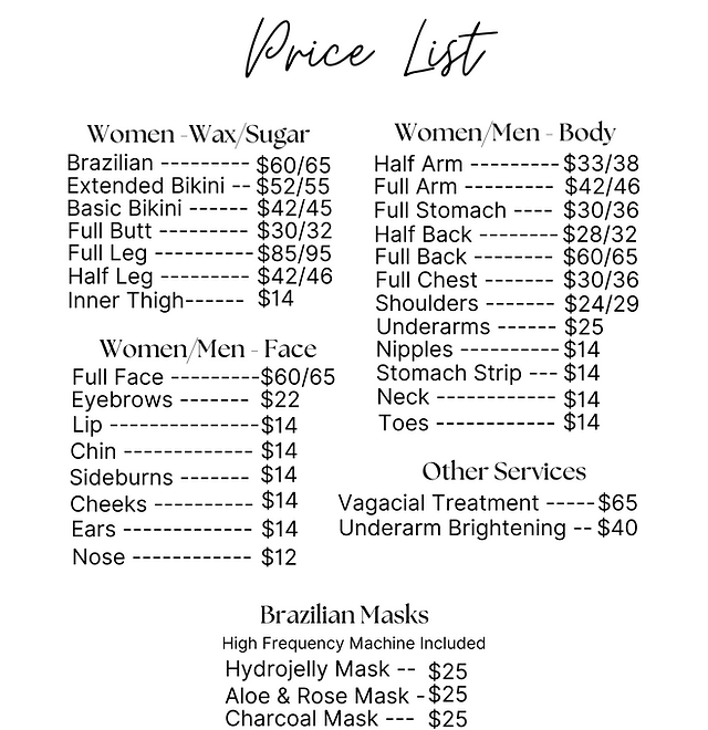 PRICE LIST – The Wax Studio