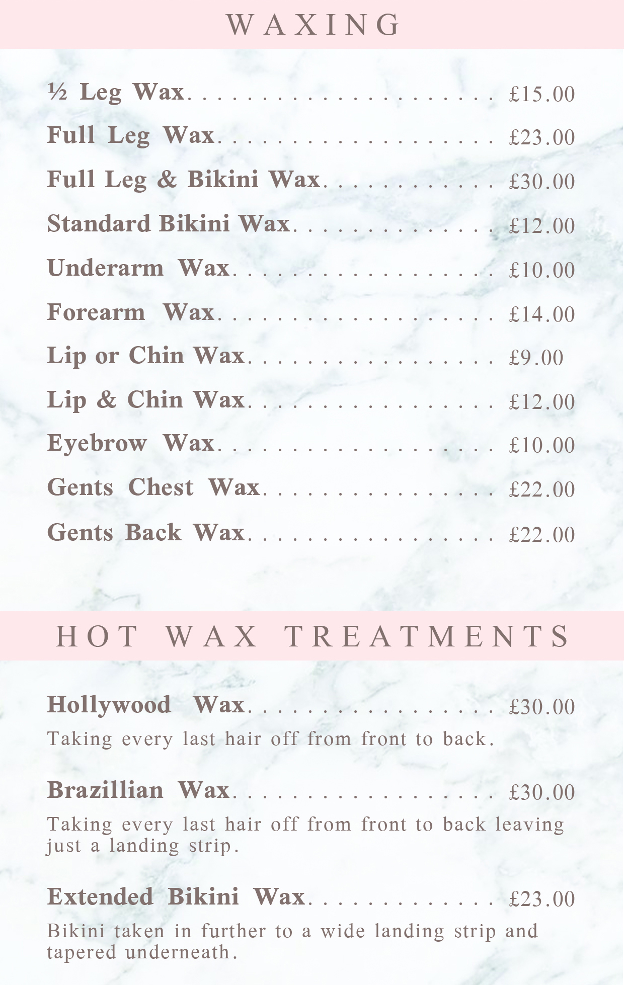 Female Price List – Just Waxing