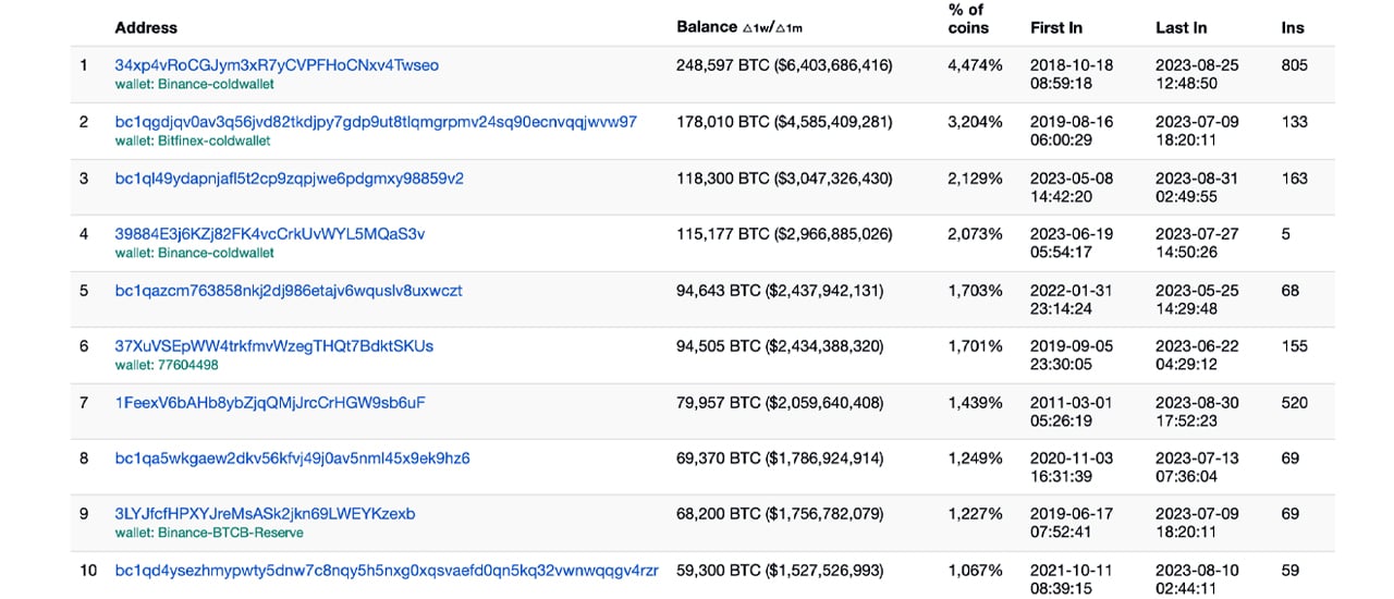 Top Richest Bitcoin Addresses and Bitcoin distribution