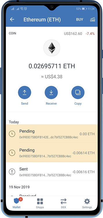 What are the solutions if the transaction is stuck and not confirmed and can it be canceled?