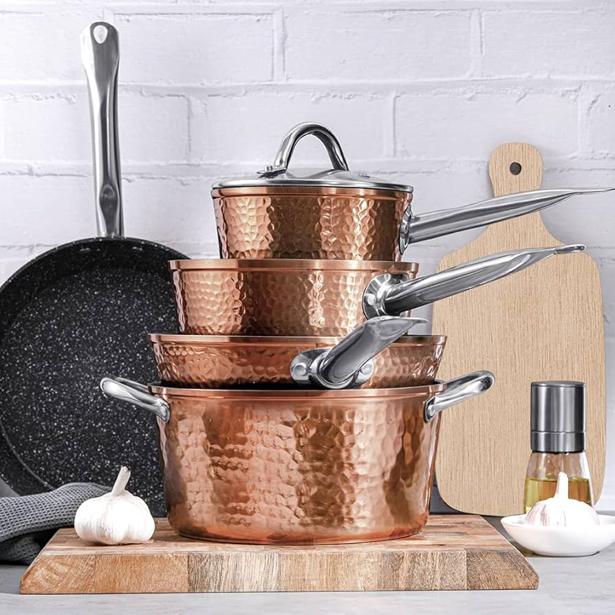 Viking 3-Ply Hammered Copper Clad Piece Cookware Set with Glass Lid – Viking Culinary Products