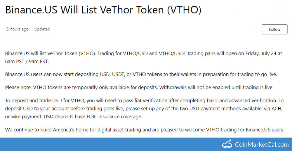 VeThor Token price now, Live VTHO price, marketcap, chart, and info | CoinCarp