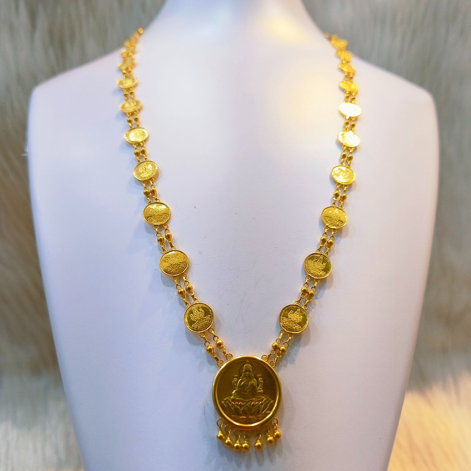 One Gram Gold Double Layer Lakshmi Coin Necklace MG - Mahitham Jewellery