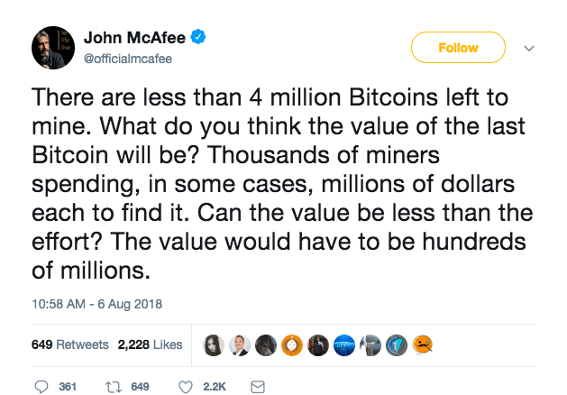 McAfee Updates His $1 Million BTC Price Prediction