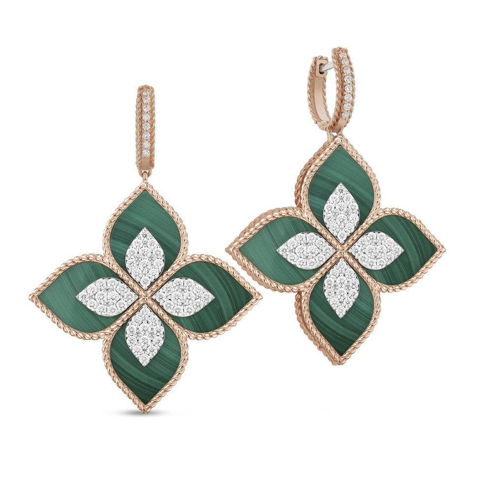 Roberto Coin Art Deco Rose Gold Earrings with Diamonds & Green Malachite - Michalis Diamond Gallery