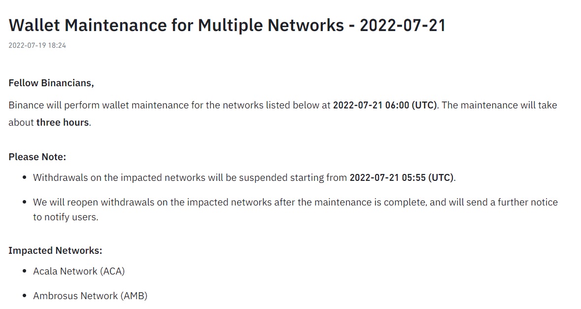 Binance Announces Suspension of Ether (ETH) Withdrawals